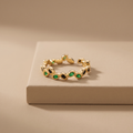 Emerald-green and black leaf crystal vine stacking ring, gold-toned adjustable