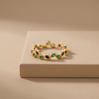 Emerald-green and black leaf crystal vine stacking ring, gold-toned adjustable