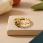 Olive green crystal flower halo ring, gold-toned adjustable band