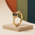 Smoky olive oval crystal solitaire ring, polished gold-toned adjustable band
