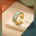 Mint enamel wide cuff ring with crystal edges, gold-toned adjustable