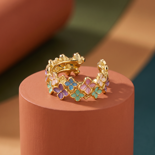 Pastel enamel hydrangea wide band adjustable ring, antique gold-toned