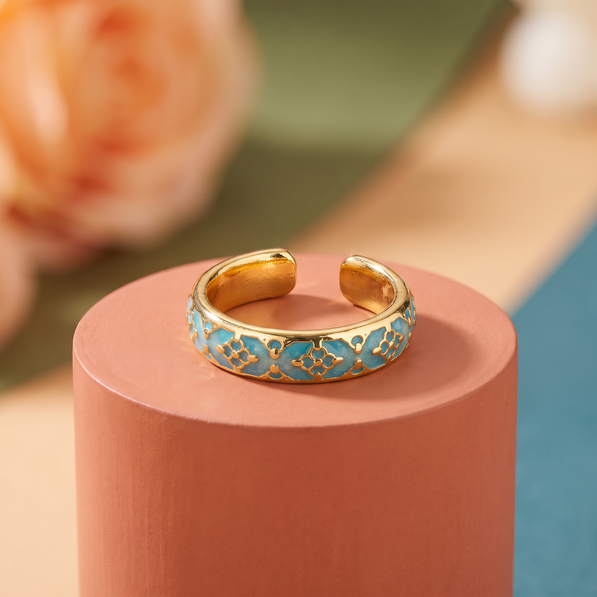 Sky blue enamel lattice pattern band, antique gold-toned adjustable ring
