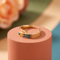 Pink and blue gradient enamel stripe band, antique gold-toned adjustable ring
