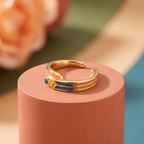 Pink and blue gradient enamel stripe band, antique gold-toned adjustable ring