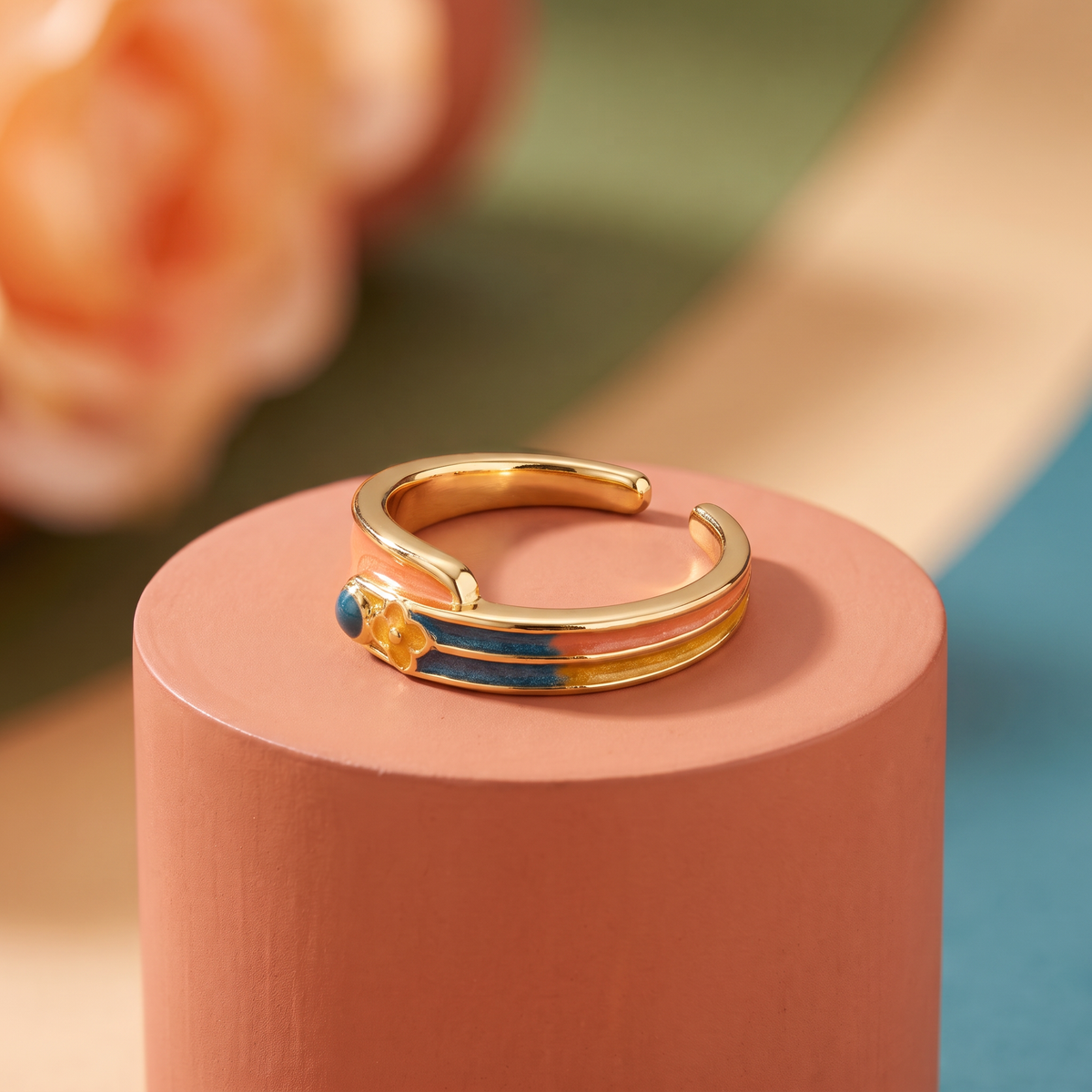 Pink and blue gradient enamel stripe band, antique gold-toned adjustable ring