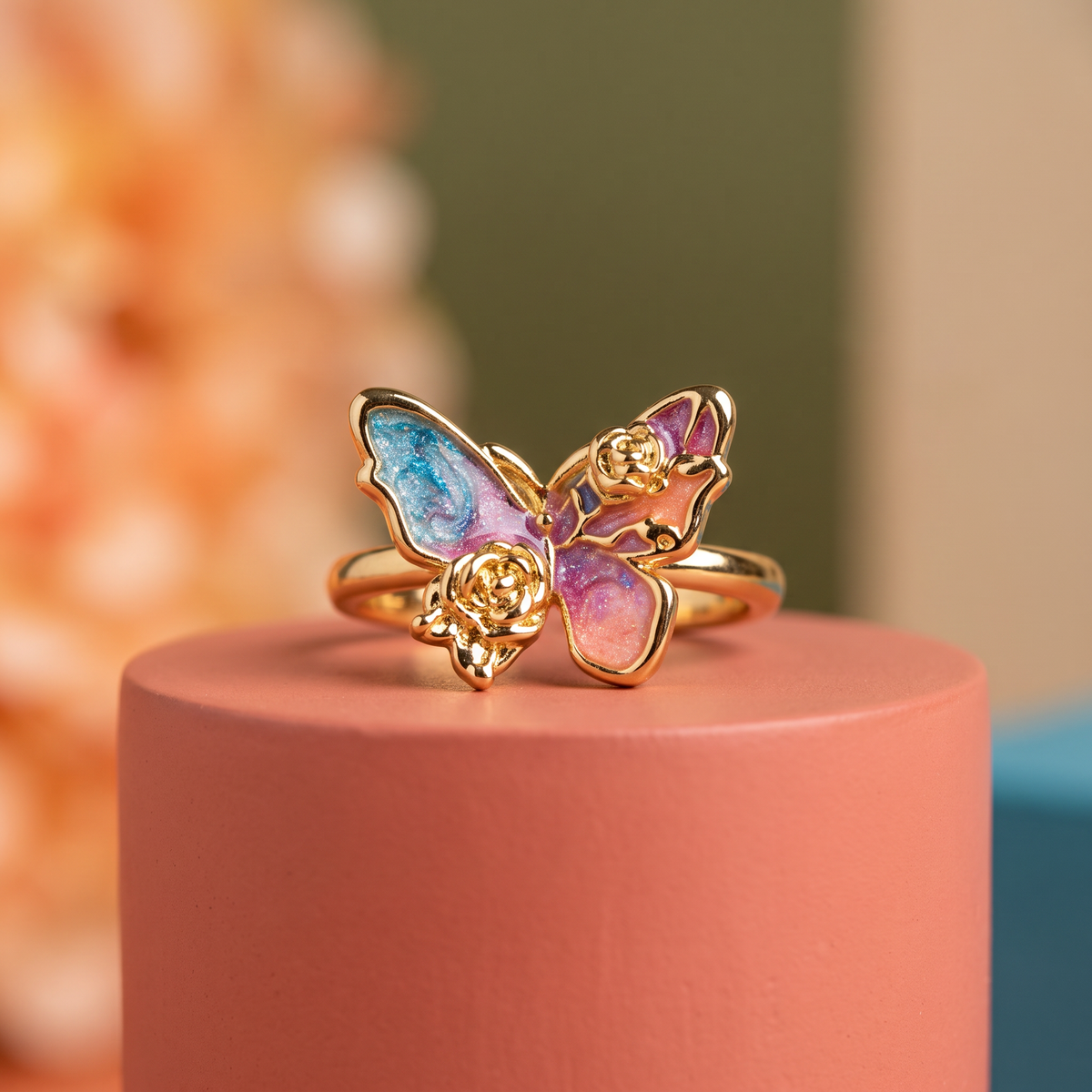 Pink and purple marbled enamel butterfly ring with gold-toned rose, adjustable